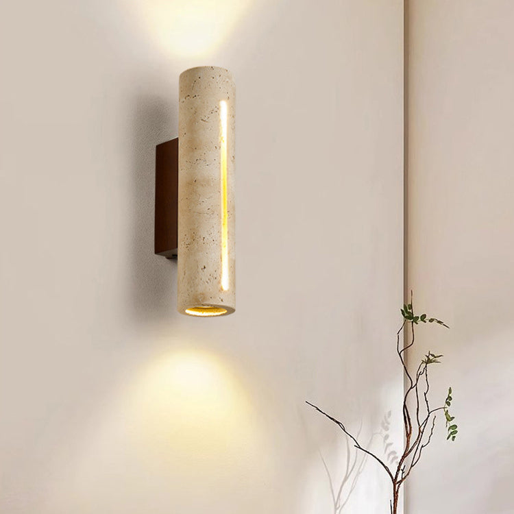Aplique de pared de 2 luces de madera maciza de travertino amarillo hueco en forma de cilindro rectangular japonés tradicional para dormitorio 