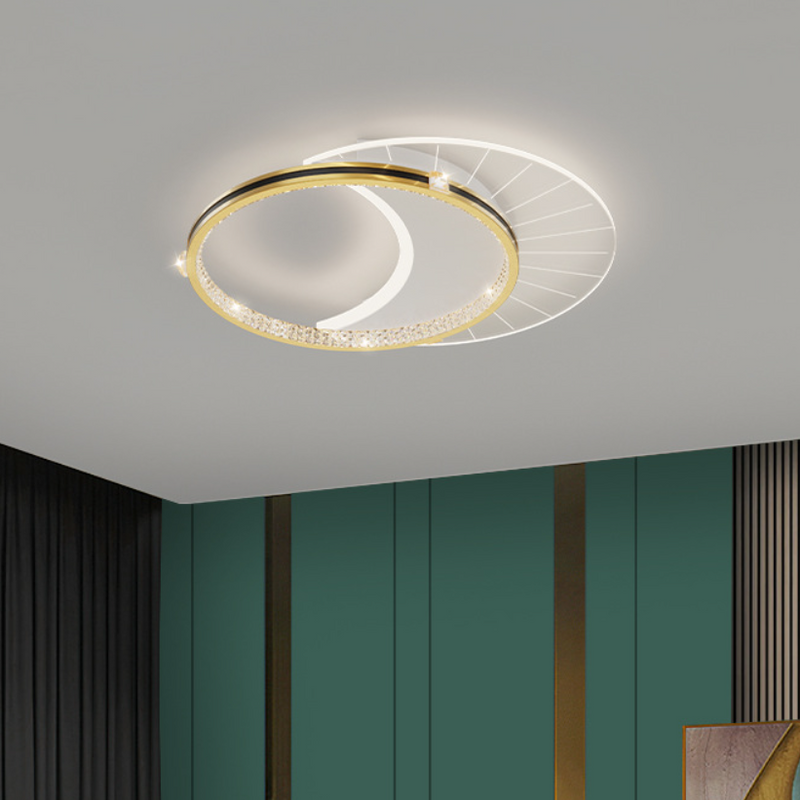 Modern Luxury Round Crescent Moon Acrylic Crystal Aluminum Iron LED Flush Mount Ceiling Light For Living Room