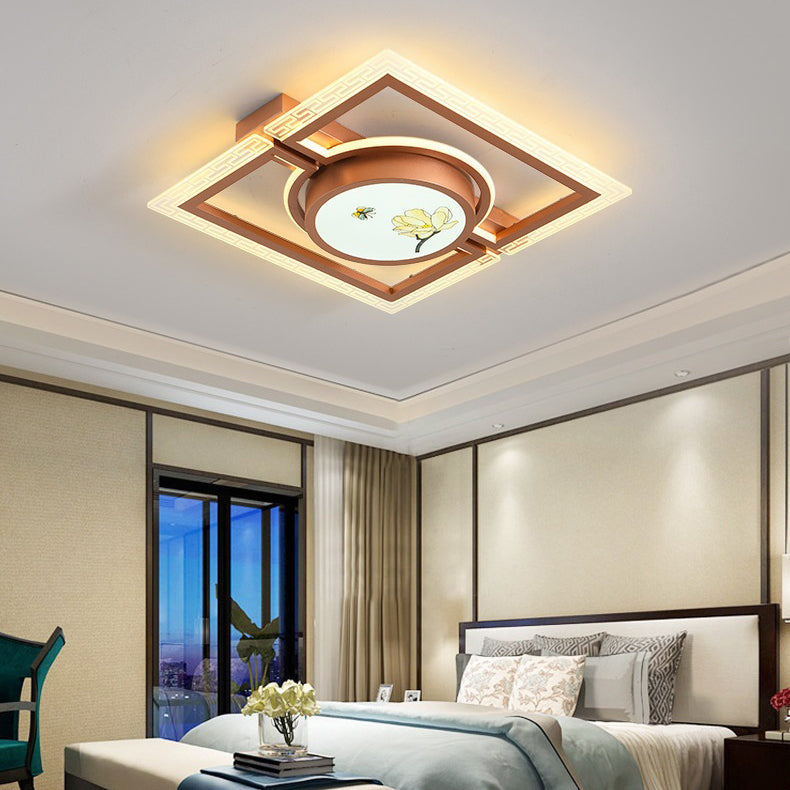 Luz de techo LED montada al ras de hierro aluminio acrílico loto rectángulo cuadrado redondo tradicional chino para dormitorio 