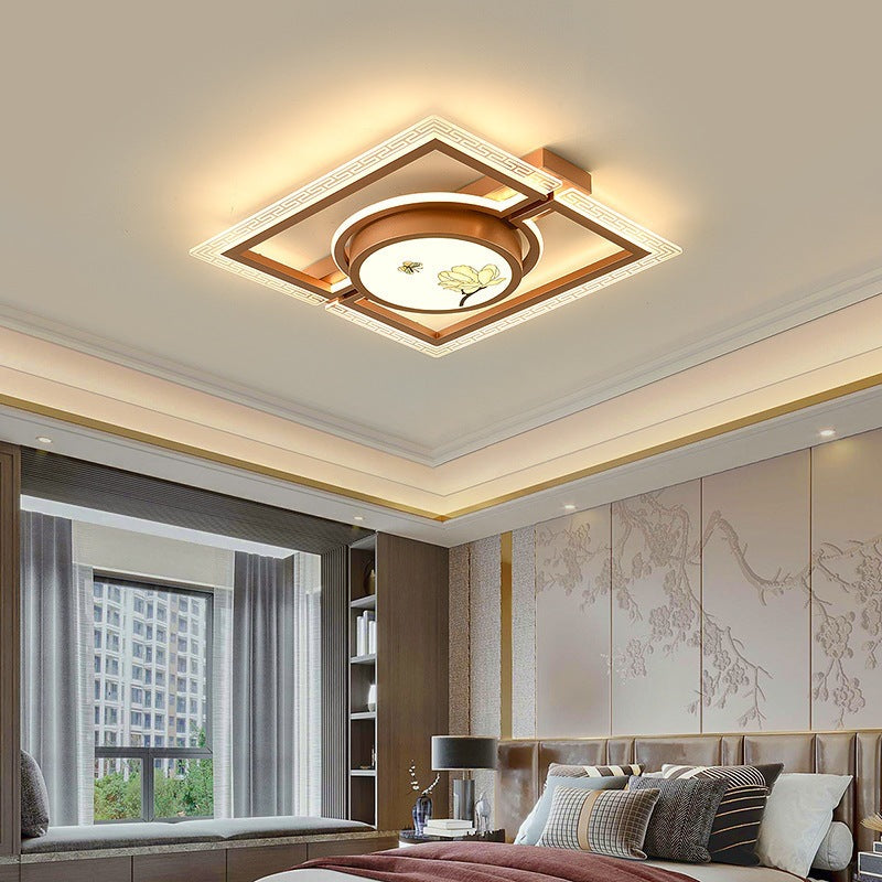 Luz de techo LED montada al ras de hierro aluminio acrílico loto rectángulo cuadrado redondo tradicional chino para dormitorio 