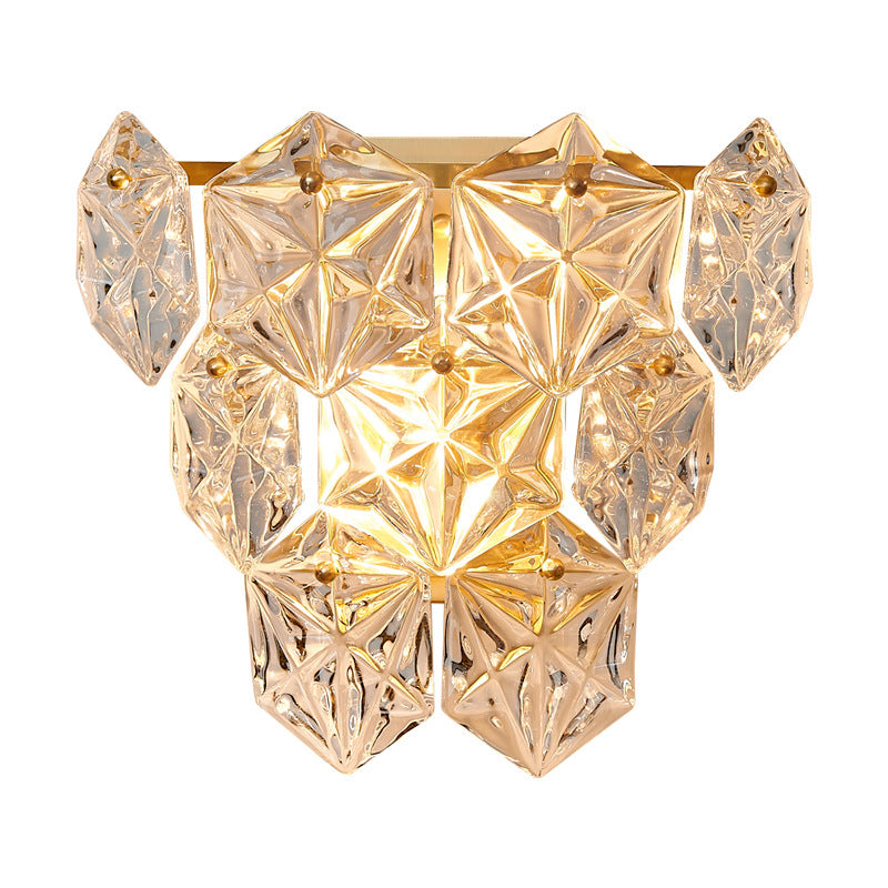 Moderne Luxus Prismenförmige Gestapelte Kristall-Messing 3-Licht Wandleuchte Für Schlafzimmer 
