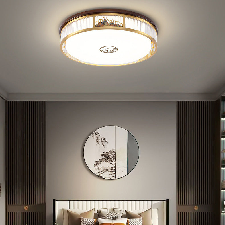 Luz de techo LED empotrada de acrílico, hierro y cobre con patrón de montaña redonda china tradicional para dormitorio 