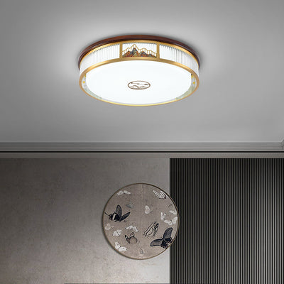 Luz de techo LED empotrada de acrílico, hierro y cobre con patrón de montaña redonda china tradicional para dormitorio 