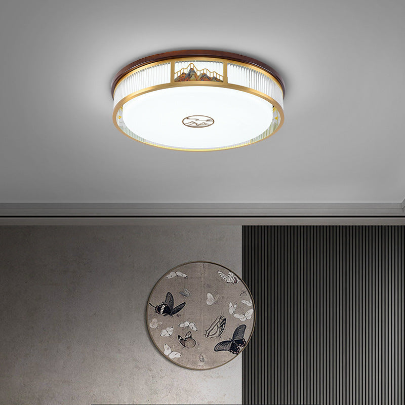 Luz de techo LED empotrada de acrílico, hierro y cobre con patrón de montaña redonda china tradicional para dormitorio 
