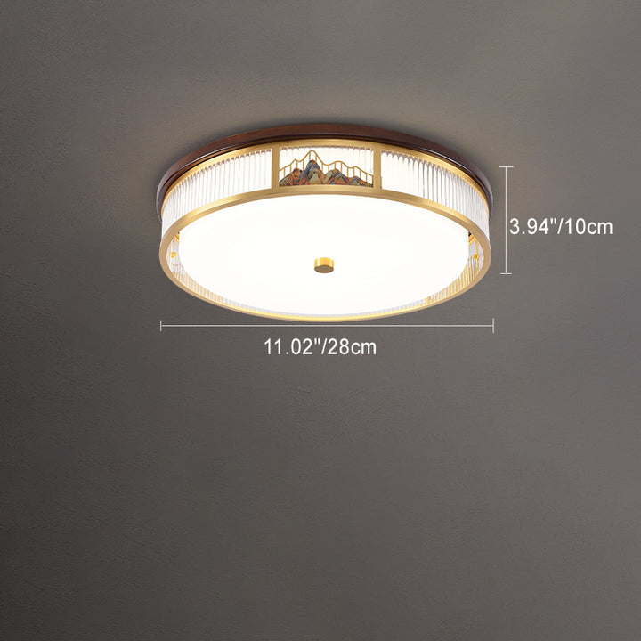 Luz de techo LED empotrada de acrílico, hierro y cobre con patrón de montaña redonda china tradicional para dormitorio 
