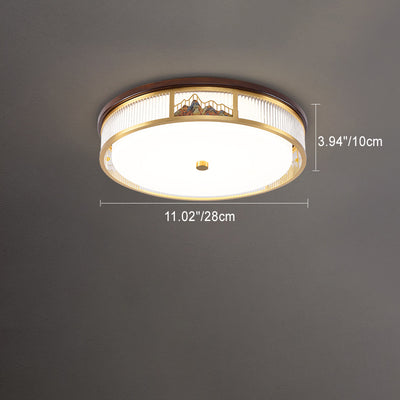 Luz de techo LED empotrada de acrílico, hierro y cobre con patrón de montaña redonda china tradicional para dormitorio 