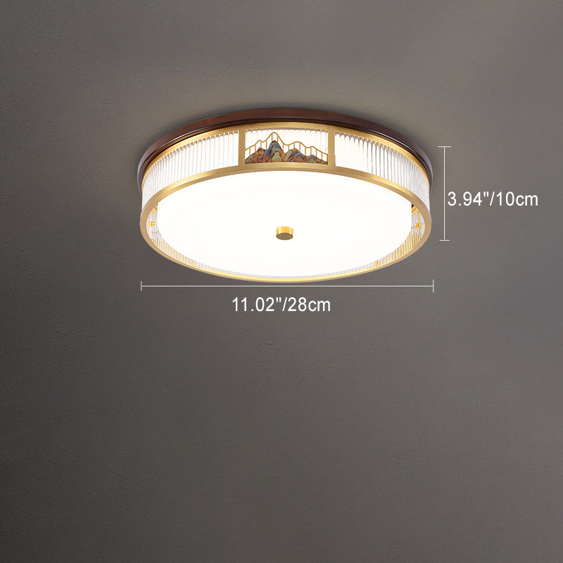 Luz de techo LED empotrada de acrílico, hierro y cobre con patrón de montaña redonda china tradicional para dormitorio 