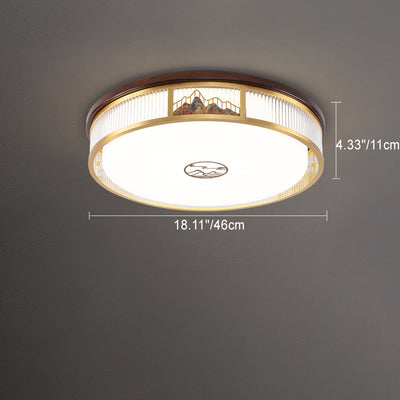 Luz de techo LED empotrada de acrílico, hierro y cobre con patrón de montaña redonda china tradicional para dormitorio 