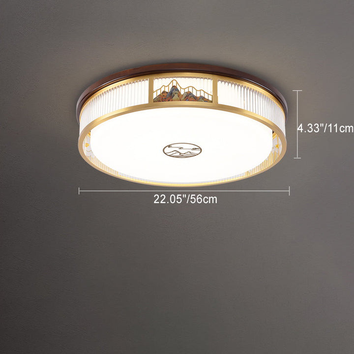 Luz de techo LED empotrada de acrílico, hierro y cobre con patrón de montaña redonda china tradicional para dormitorio 