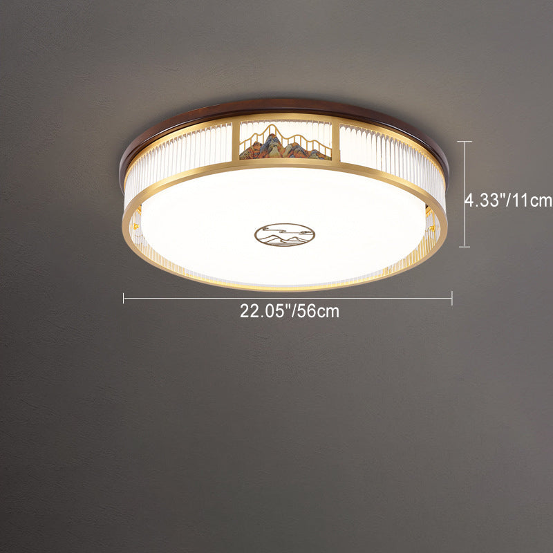 Luz de techo LED empotrada de acrílico, hierro y cobre con patrón de montaña redonda china tradicional para dormitorio 