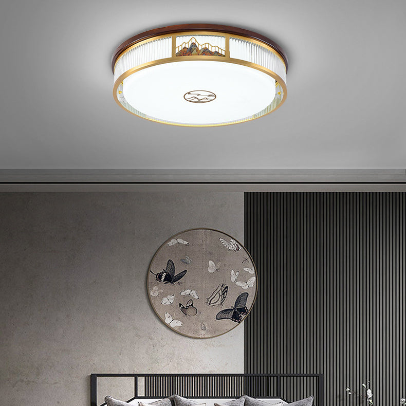 Luz de techo LED empotrada de acrílico, hierro y cobre con patrón de montaña redonda china tradicional para dormitorio 