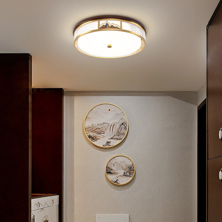 Luz de techo LED empotrada de acrílico, hierro y cobre con patrón de montaña redonda china tradicional para dormitorio 