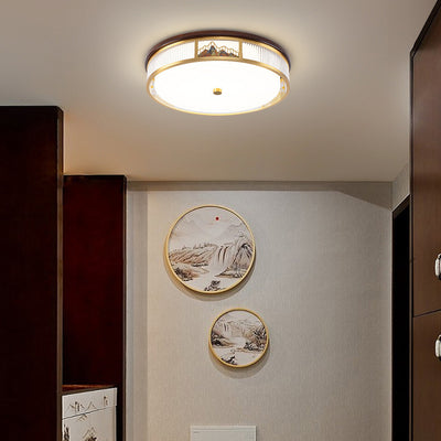 Luz de techo LED empotrada de acrílico, hierro y cobre con patrón de montaña redonda china tradicional para dormitorio 