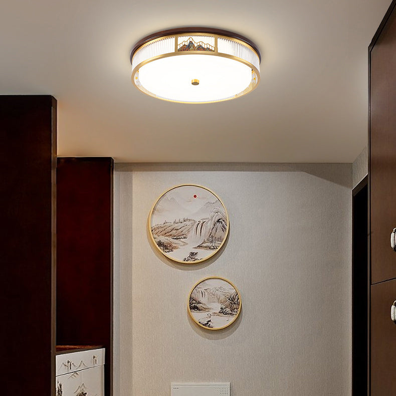 Luz de techo LED empotrada de acrílico, hierro y cobre con patrón de montaña redonda china tradicional para dormitorio 