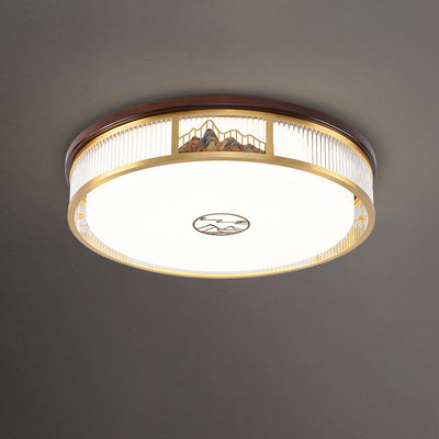 Luz de techo LED empotrada de acrílico, hierro y cobre con patrón de montaña redonda china tradicional para dormitorio 