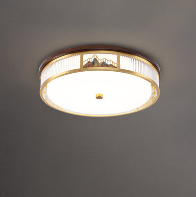 Luz de techo LED empotrada de acrílico, hierro y cobre con patrón de montaña redonda china tradicional para dormitorio 