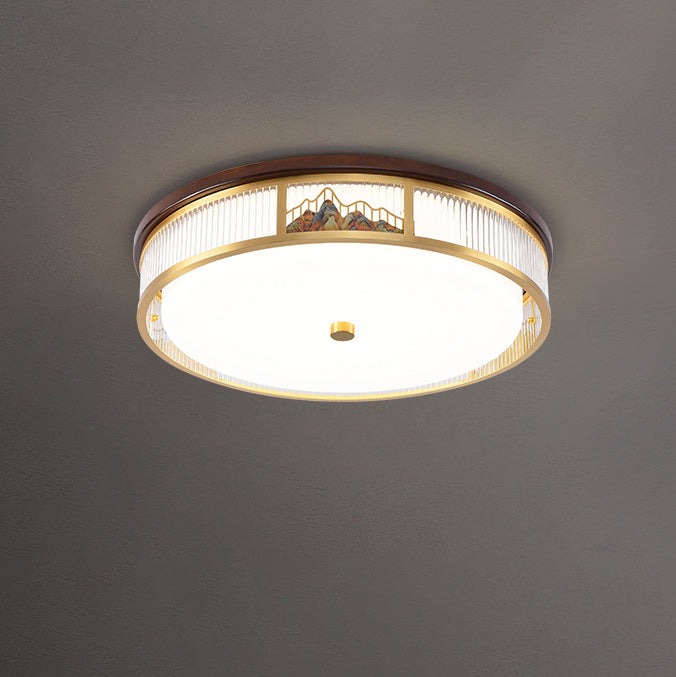 Luz de techo LED empotrada de acrílico, hierro y cobre con patrón de montaña redonda china tradicional para dormitorio 