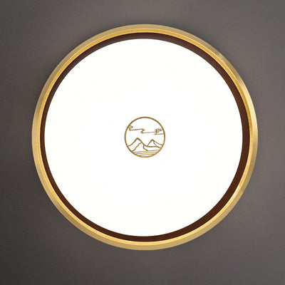 Luz de techo LED empotrada de acrílico, hierro y cobre con patrón de montaña redonda china tradicional para dormitorio 