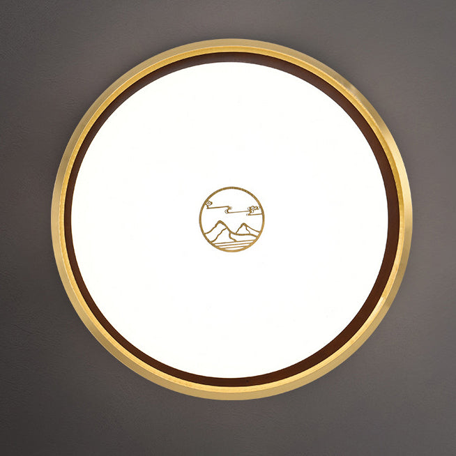 Luz de techo LED empotrada de acrílico, hierro y cobre con patrón de montaña redonda china tradicional para dormitorio 