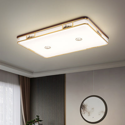 Lámpara de techo empotrada LED de patrón rectangular cuadrado chino tradicional de acrílico, hierro y cobre para sala de estar 