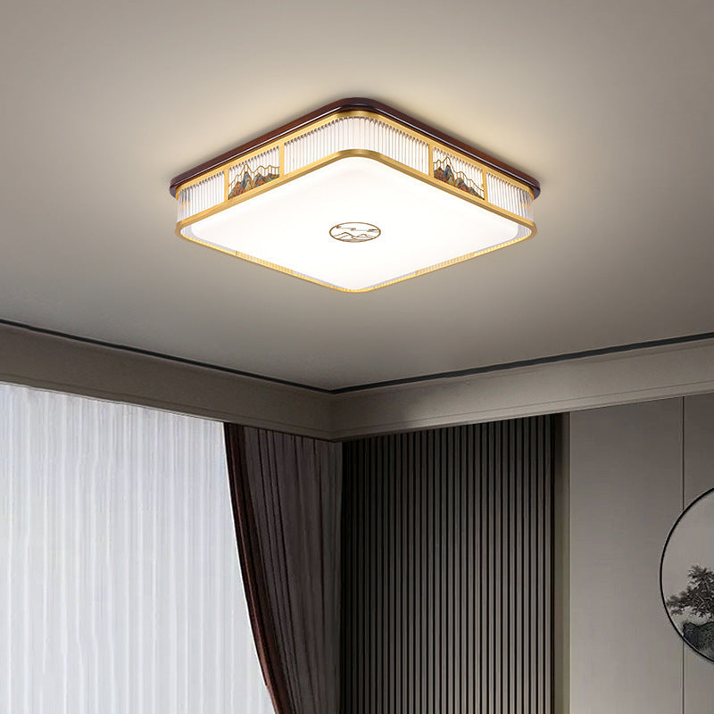 Lámpara de techo empotrada LED de patrón rectangular cuadrado chino tradicional de acrílico, hierro y cobre para sala de estar 