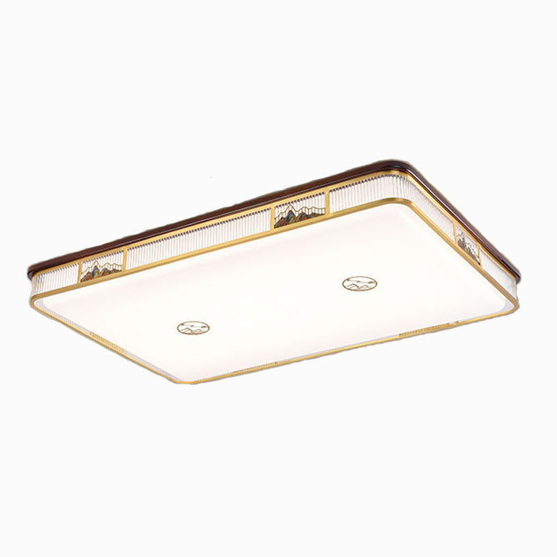 Lámpara de techo empotrada LED de patrón rectangular cuadrado chino tradicional de acrílico, hierro y cobre para sala de estar 