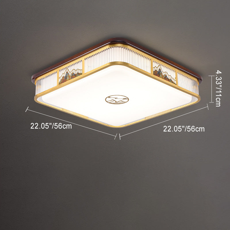 Lámpara de techo empotrada LED de patrón rectangular cuadrado chino tradicional de acrílico, hierro y cobre para sala de estar 