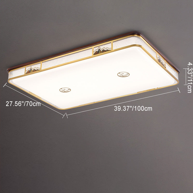 Lámpara de techo empotrada LED de patrón rectangular cuadrado chino tradicional de acrílico, hierro y cobre para sala de estar 