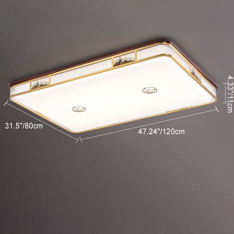 Lámpara de techo empotrada LED de patrón rectangular cuadrado chino tradicional de acrílico, hierro y cobre para sala de estar 