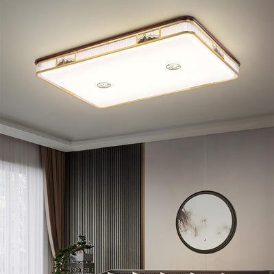 Lámpara de techo empotrada LED de patrón rectangular cuadrado chino tradicional de acrílico, hierro y cobre para sala de estar 