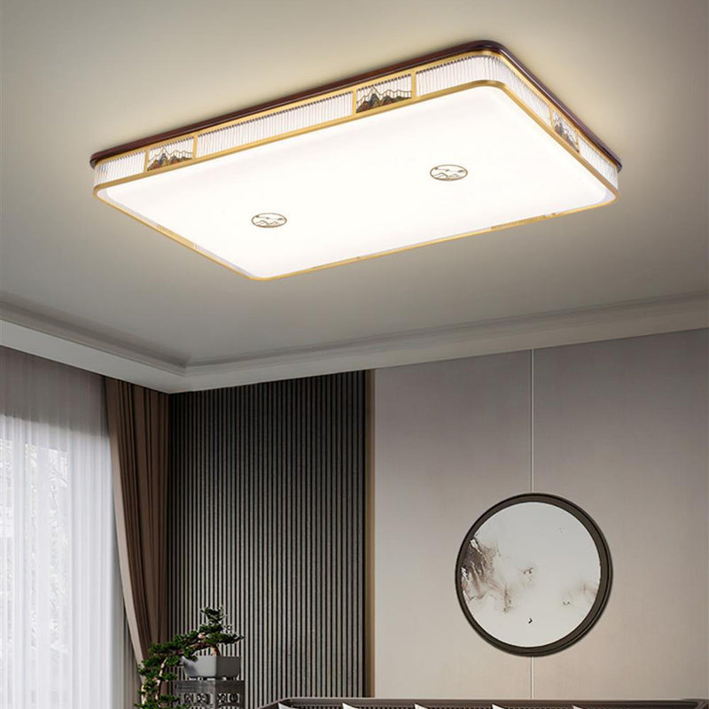 Lámpara de techo empotrada LED de patrón rectangular cuadrado chino tradicional de acrílico, hierro y cobre para sala de estar 