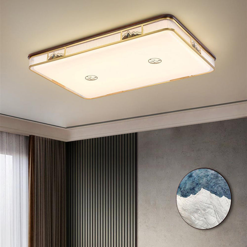 Lámpara de techo empotrada LED de patrón rectangular cuadrado chino tradicional de acrílico, hierro y cobre para sala de estar 