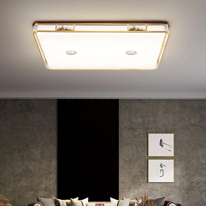Lámpara de techo empotrada LED de patrón rectangular cuadrado chino tradicional de acrílico, hierro y cobre para sala de estar 