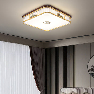 Lámpara de techo empotrada LED de patrón rectangular cuadrado chino tradicional de acrílico, hierro y cobre para sala de estar 