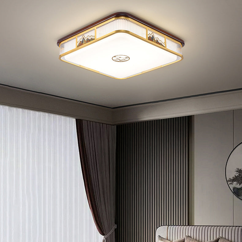 Lámpara de techo empotrada LED de patrón rectangular cuadrado chino tradicional de acrílico, hierro y cobre para sala de estar 