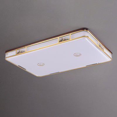 Lámpara de techo empotrada LED de patrón rectangular cuadrado chino tradicional de acrílico, hierro y cobre para sala de estar 