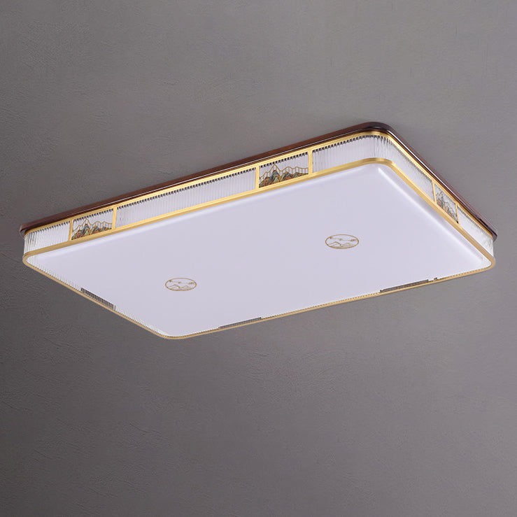 Lámpara de techo empotrada LED de patrón rectangular cuadrado chino tradicional de acrílico, hierro y cobre para sala de estar 