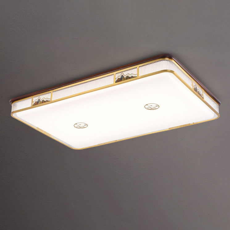 Lámpara de techo empotrada LED de patrón rectangular cuadrado chino tradicional de acrílico, hierro y cobre para sala de estar 