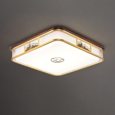 Lámpara de techo empotrada LED de patrón rectangular cuadrado chino tradicional de acrílico, hierro y cobre para sala de estar 