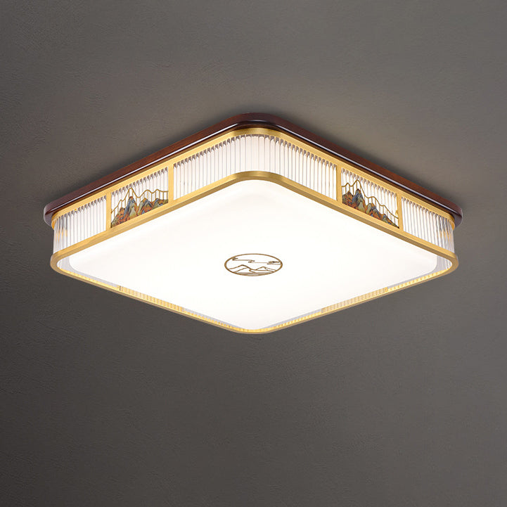 Lámpara de techo empotrada LED de patrón rectangular cuadrado chino tradicional de acrílico, hierro y cobre para sala de estar 