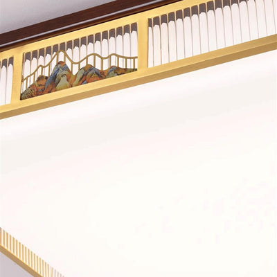 Lámpara de techo empotrada LED de patrón rectangular cuadrado chino tradicional de acrílico, hierro y cobre para sala de estar 