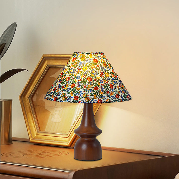 Lampe de table à 1 lumière en bois avec tissu floral rond festonné japonais traditionnel pour salon 