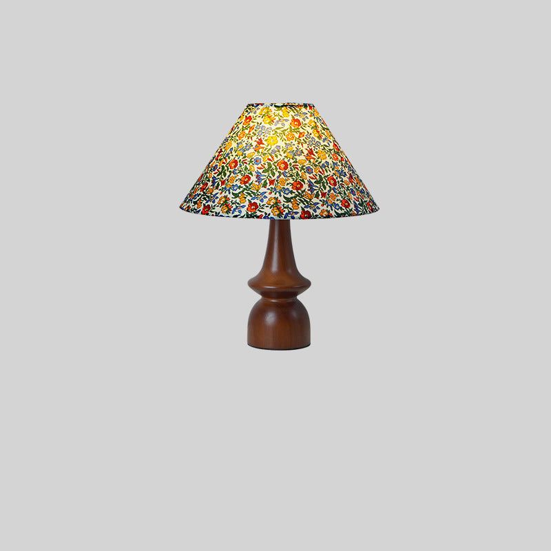 Lampe de table à 1 lumière en bois avec tissu floral rond festonné japonais traditionnel pour salon 