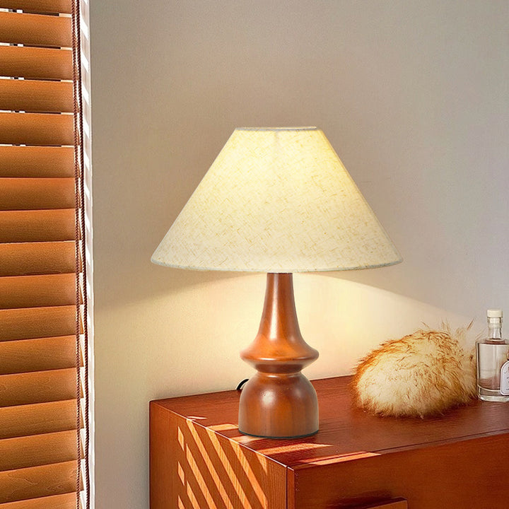 Lampe de table à 1 lumière en bois avec tissu floral rond festonné japonais traditionnel pour salon 