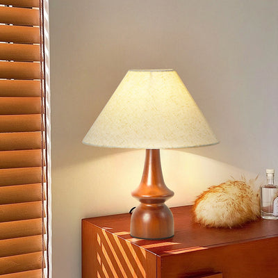 Traditional Japanese Scalloped Round Floral Fabric Wood 1-Light Table Lamp For Living Room