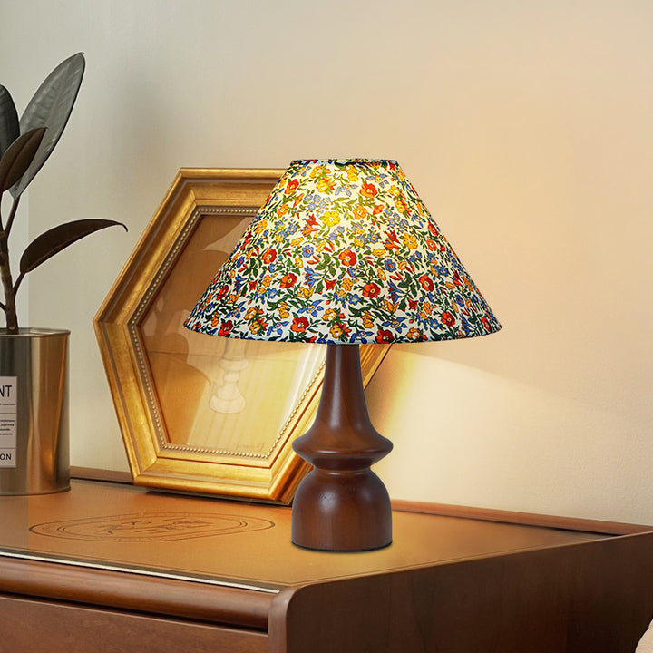 Lampe de table à 1 lumière en bois avec tissu floral rond festonné japonais traditionnel pour salon 
