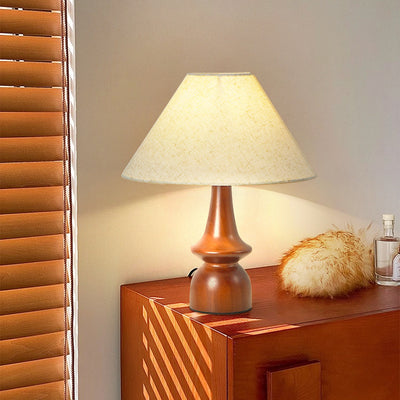 Traditional Japanese Scalloped Round Floral Fabric Wood 1-Light Table Lamp For Living Room