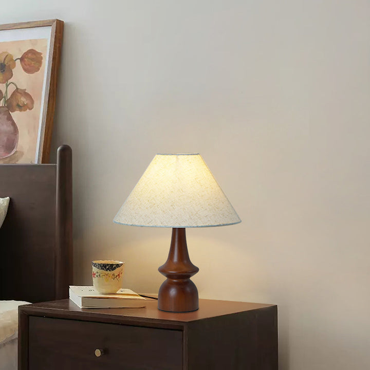 Lampe de table à 1 lumière en bois avec tissu floral rond festonné japonais traditionnel pour salon 