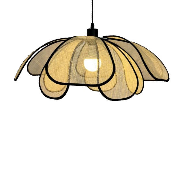 Traditional Japanese Style Petal Round Fabric Metal 1-Light Pendant Light For Living Room
