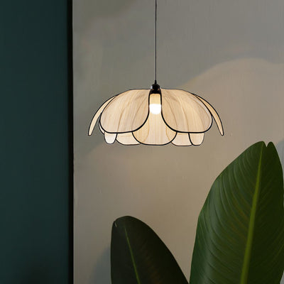 Traditional Japanese Style Petal Round Fabric Metal 1-Light Pendant Light For Living Room
